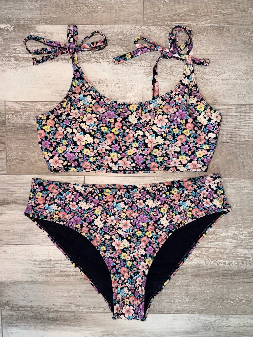 Floral Bikini Pink Purple Flower Print Tie-Shoulder Swim Tropical Cottagecore